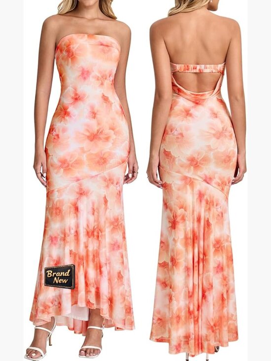 Dresses & Skirts - Strapless Tube Maxi Dress Formal Wedding Guest Bodycon Ruffle Cocktail